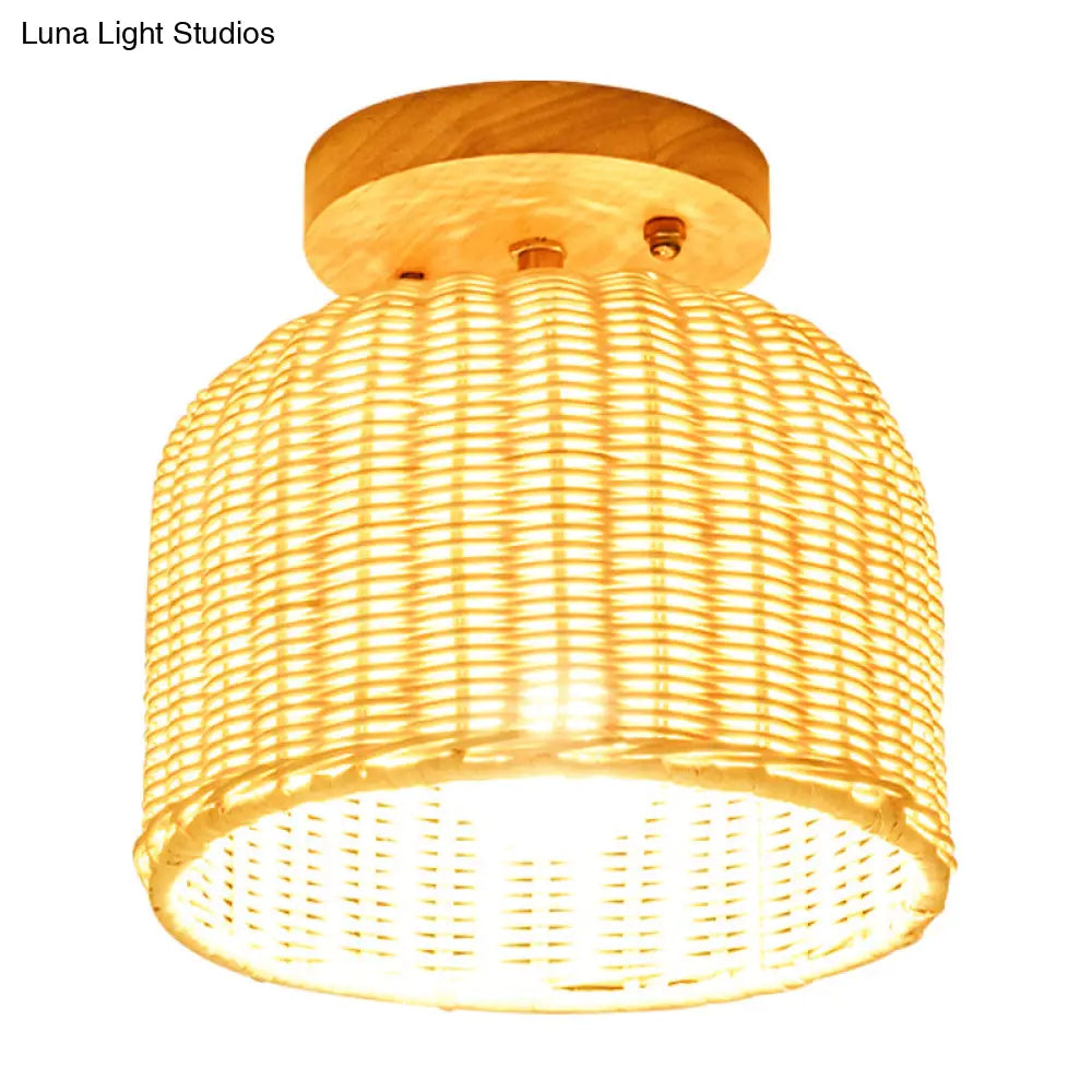Contemporary Beige Bowl/Cylindrical Bamboo Ceiling Mount Light Fixture - 1 Head Semi-Mount Lighting