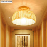 Contemporary Beige Bowl/Cylindrical Bamboo Ceiling Mount Light Fixture - 1 Head Semi-Mount Lighting