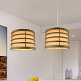 Contemporary Beige Bucket Pendant: 1-Light Wood Hanging Fixture