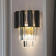 Contemporary Black Box Wall Lamp With 3 Clear Crystal Prisms & Tapered Bulbs
