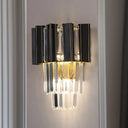 Contemporary Black Box Wall Lamp With 3 Clear Crystal Prisms & Tapered Bulbs