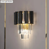 Contemporary Black Box Wall Lamp With 3 Clear Crystal Prisms & Tapered Bulbs