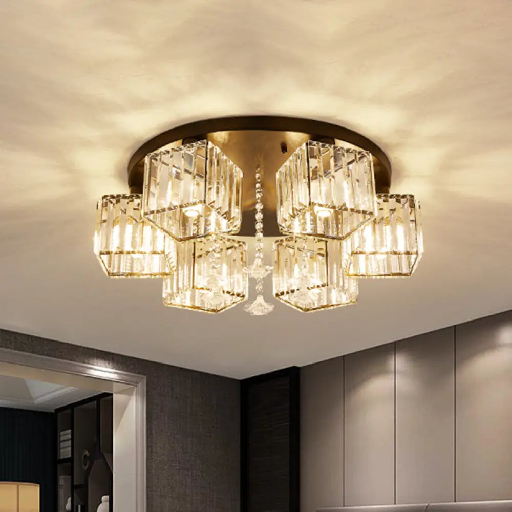 Contemporary Black Canopy Flush Mount Ceiling Light With Clear Crystal Cubic Shade And Flower