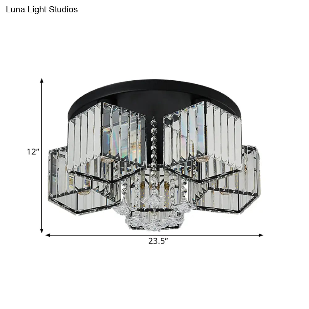 Contemporary Black Canopy Flush Mount Ceiling Light With Clear Crystal Cubic Shade And Flower