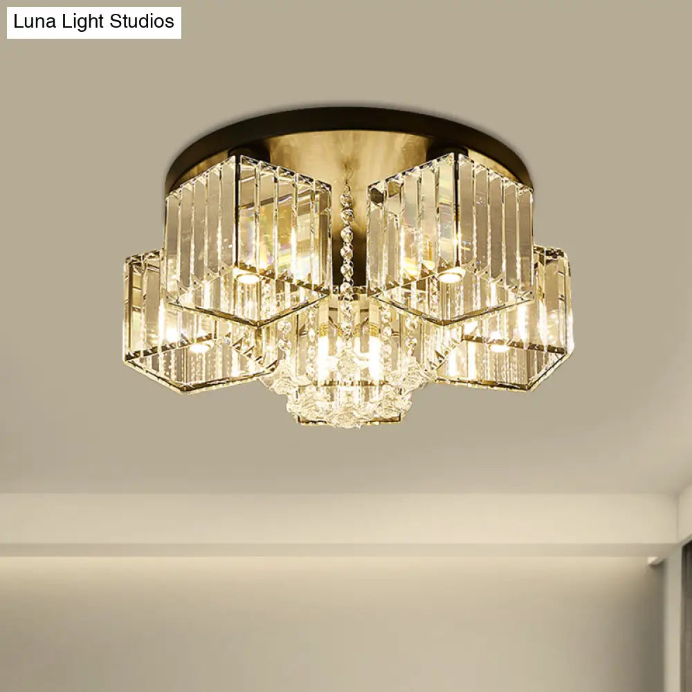 Contemporary Black Canopy Flush Mount Ceiling Light With Clear Crystal Cubic Shade And Flower