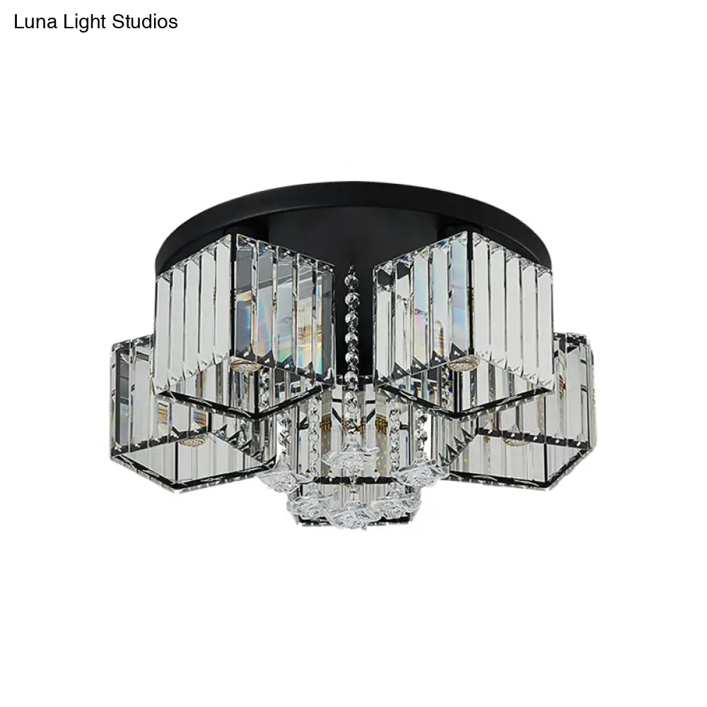 Contemporary Black Canopy Flush Mount Ceiling Light With Clear Crystal Cubic Shade And Flower