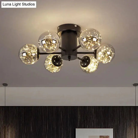Contemporary Black Ceiling Light Fixture With Radial Smoke Grey Glass - Living Room Semi Flush Mount
