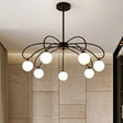 Contemporary Black Curved Arm Chandelier With Orbit Shade - 8 Light Metal Pendant / Down