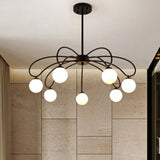 Contemporary Black Curved Arm Chandelier With Orbit Shade - 8 Light Metal Pendant / Down