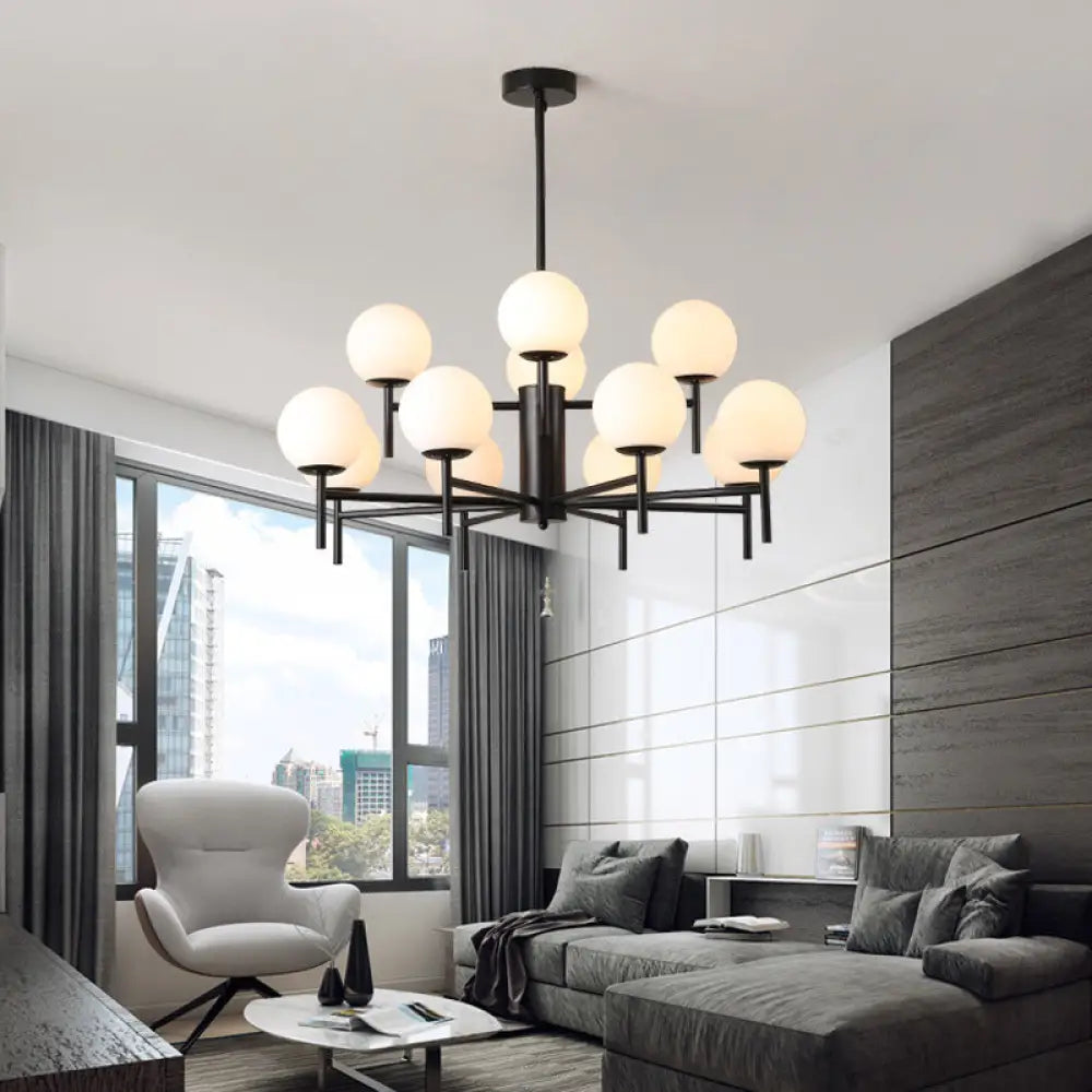 Contemporary Black/Gold Globe Chandelier with Radial Design - 6/8/9 Lights Milk Glass Hanging Lamp 12 / Black