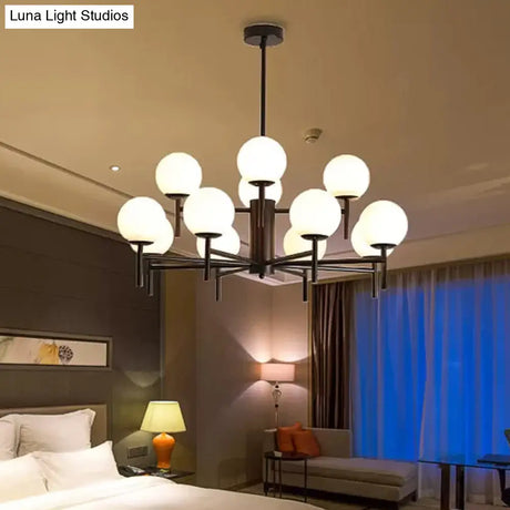 Contemporary Black/Gold Globe Chandelier with Radial Design - 6/8/9 Lights Milk Glass Hanging Lamp