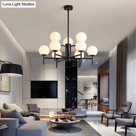 Contemporary Black/Gold Globe Chandelier with Radial Design - 6/8/9 Lights Milk Glass Hanging Lamp