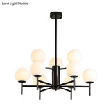 Contemporary Black/Gold Globe Chandelier with Radial Design - 6/8/9 Lights Milk Glass Hanging Lamp