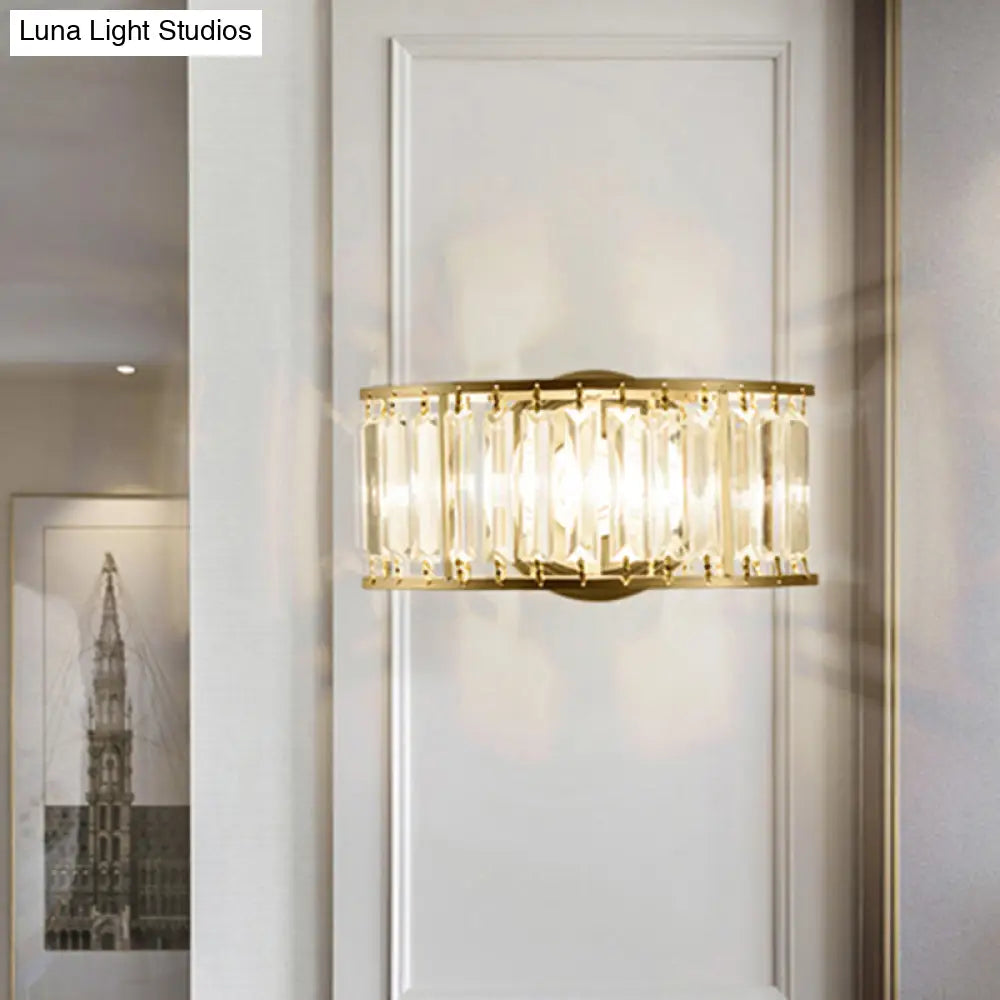 Contemporary Black/Gold Wall Lighting: Clear Crystal Half Cylinder Lamp With 1 Light