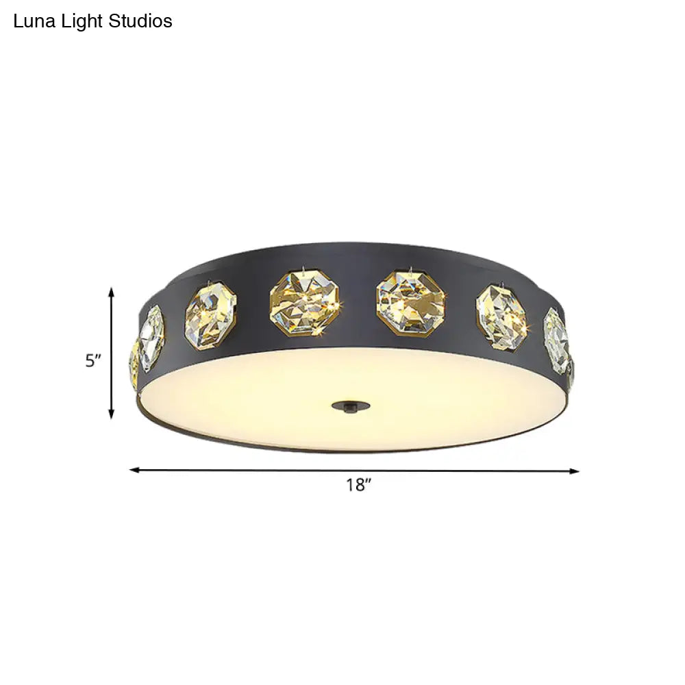 Contemporary Black Led Flush Mount Ceiling Light Fixture With Crystal Drum Insert