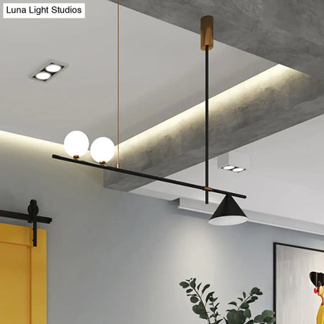 Contemporary Black Metal Conical Island Lamp With Opal Glass Shade - 2 Lights