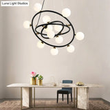 Contemporary Black Round Suspension Chandelier With Opal Glass Shade - 15 Lights