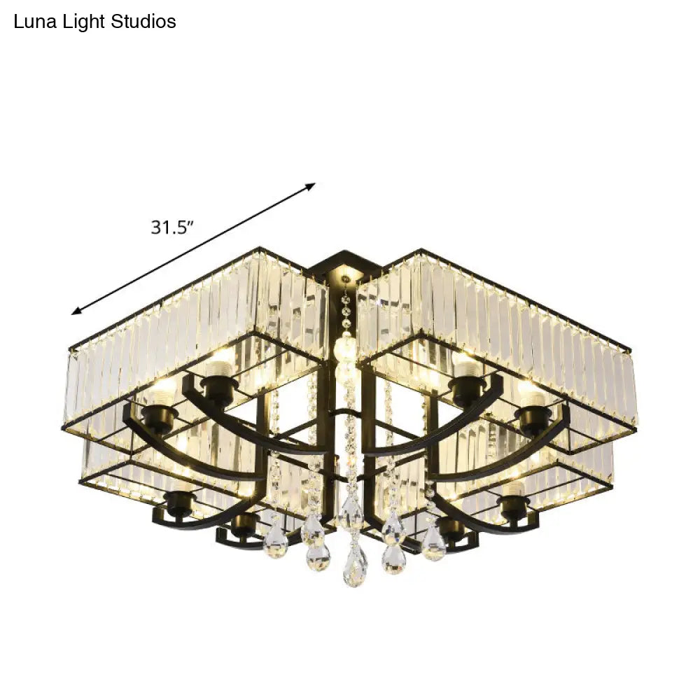 Contemporary Black Semi Flush Mount Lamp With Crystal Rods - 4/8 Light Options