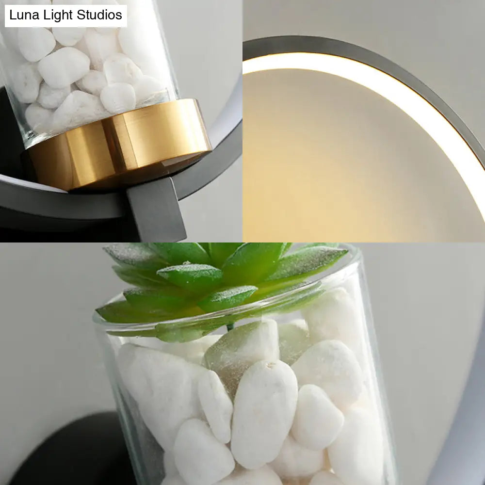 Contemporary Black Wall Mount Ring Light With Led Warm-Light And Potted Plant Sconce Fixture