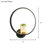 Contemporary Black Wall Mount Ring Light With Led Warm-Light And Potted Plant Sconce Fixture