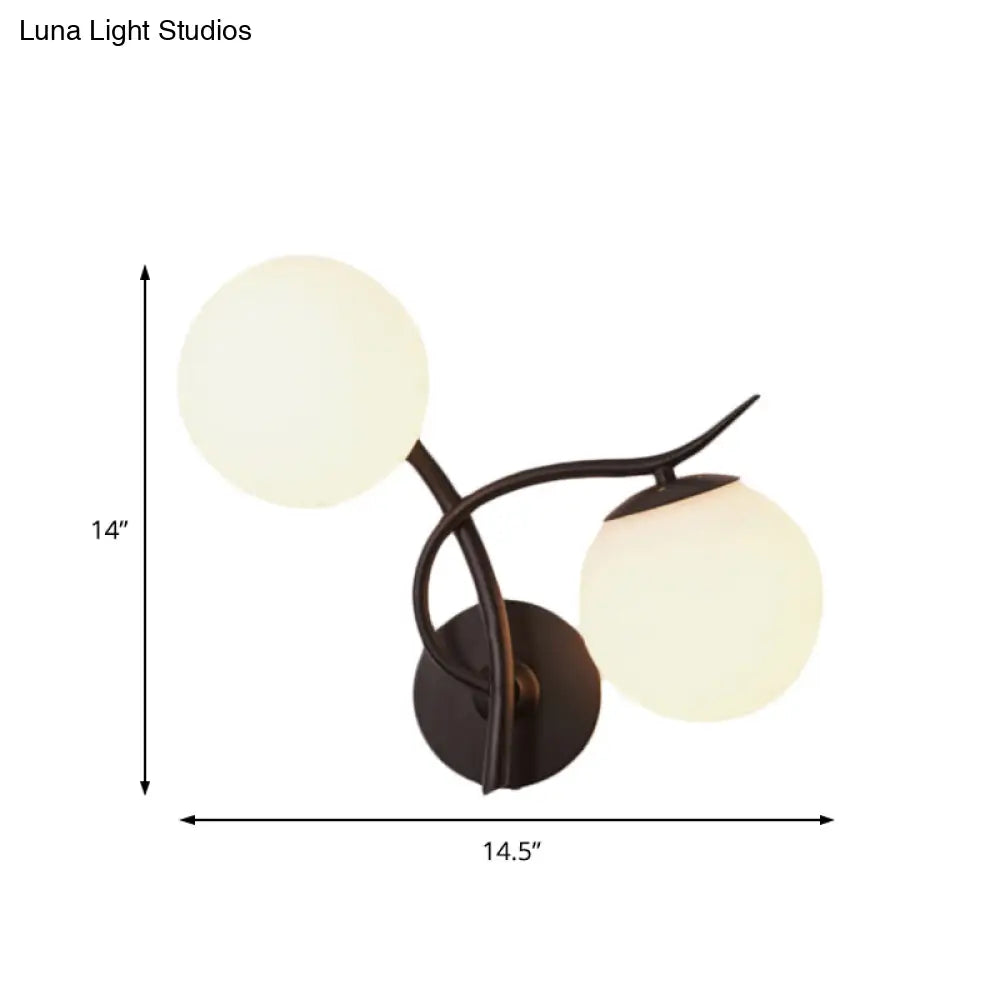 Contemporary Black Wall Sconce Light With 2 Bulbs And Milky Glass - Modern Globe Fixture