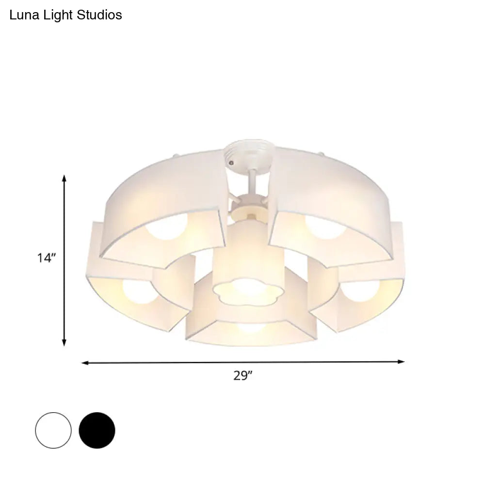 Contemporary Black/White Curved Block Flushmount Light With 6 Fabric Semi Mounts For Living Room