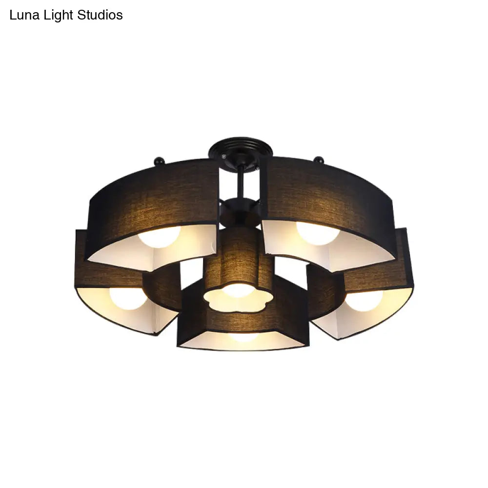 Contemporary Black/White Curved Block Flushmount Light With 6 Fabric Semi Mounts For Living Room