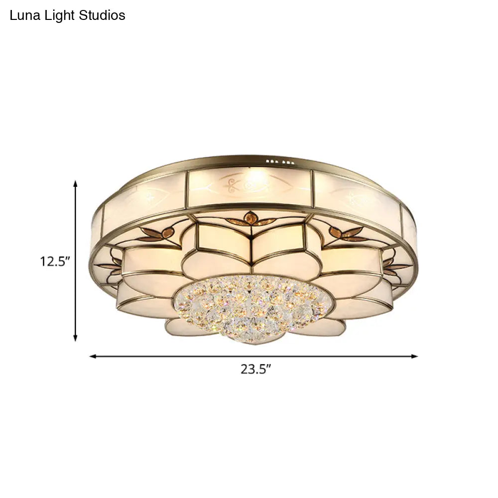 Contemporary Blossom Flushmount Lighting With Crystal Drop - 7 - Light Frosted Glass Ceiling Flush