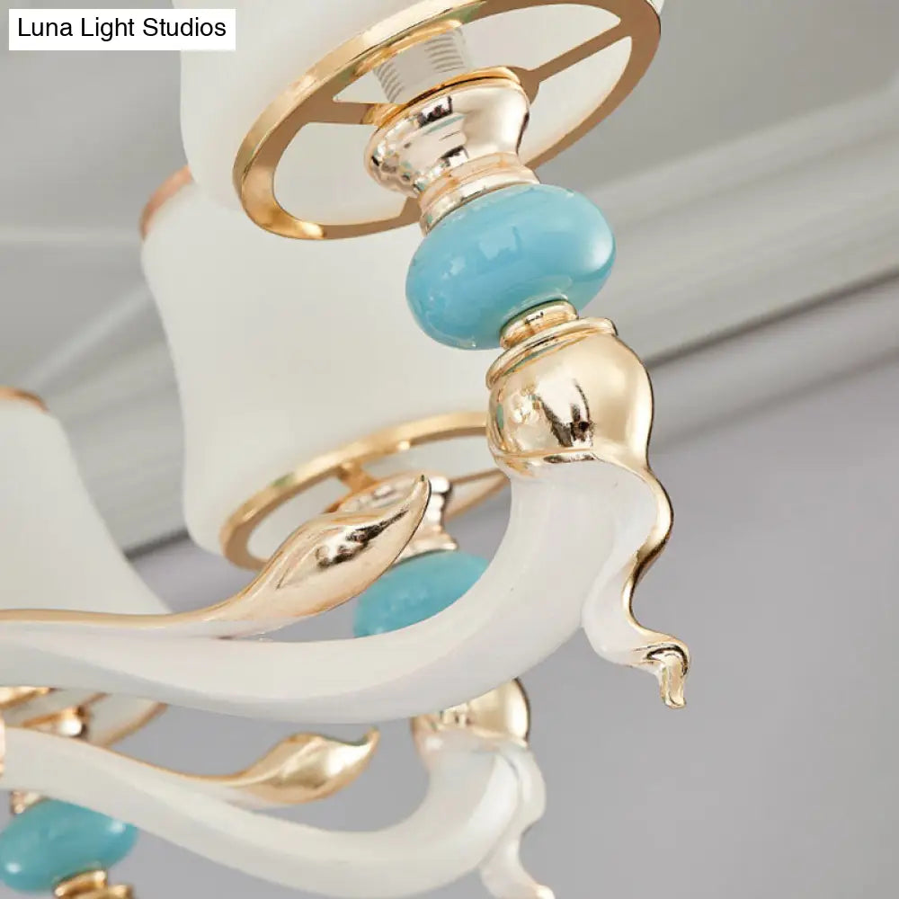Contemporary Blue Ceramic Chandelier With Opal Glass Shade - Modern Lighting Fixture