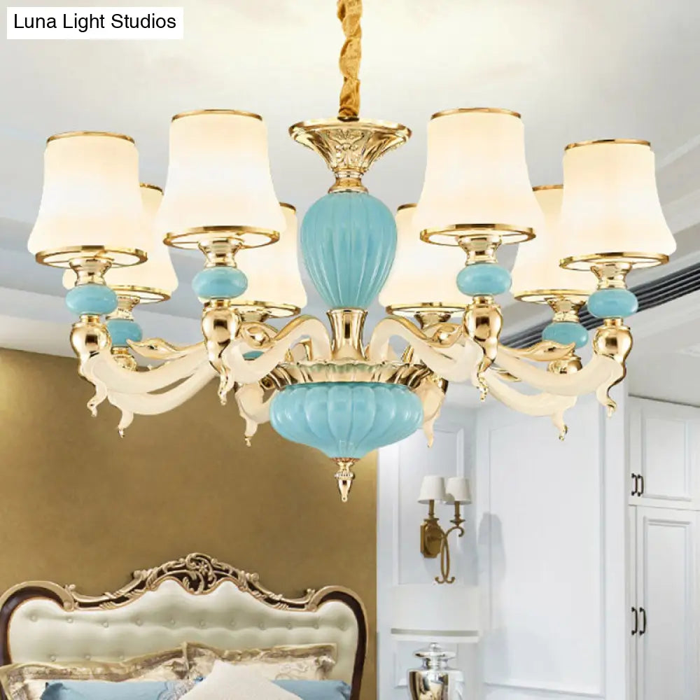 Contemporary Blue Ceramic Chandelier With Opal Glass Shade - Modern Lighting Fixture