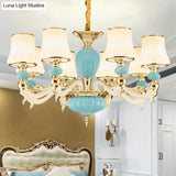 Contemporary Blue Ceramic Chandelier With Opal Glass Shade - Modern Lighting Fixture
