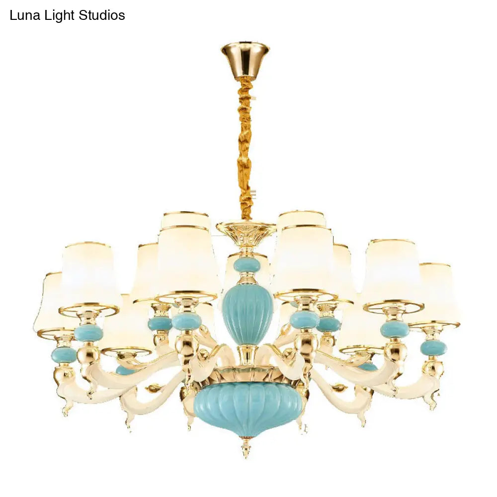 Contemporary Blue Ceramic Chandelier With Opal Glass Shade - Modern Lighting Fixture