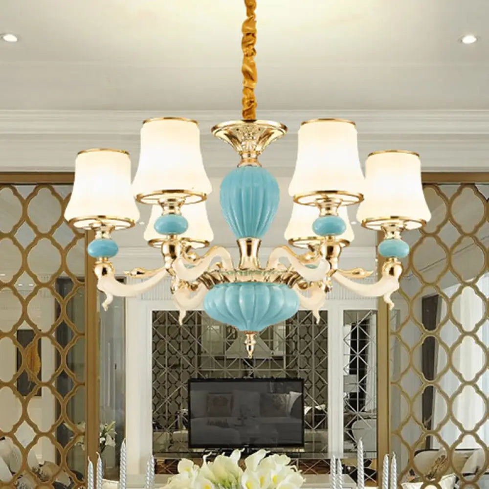 Contemporary Blue Ceramic Chandelier With Opal Glass Shade - Modern Lighting Fixture 6 / Light
