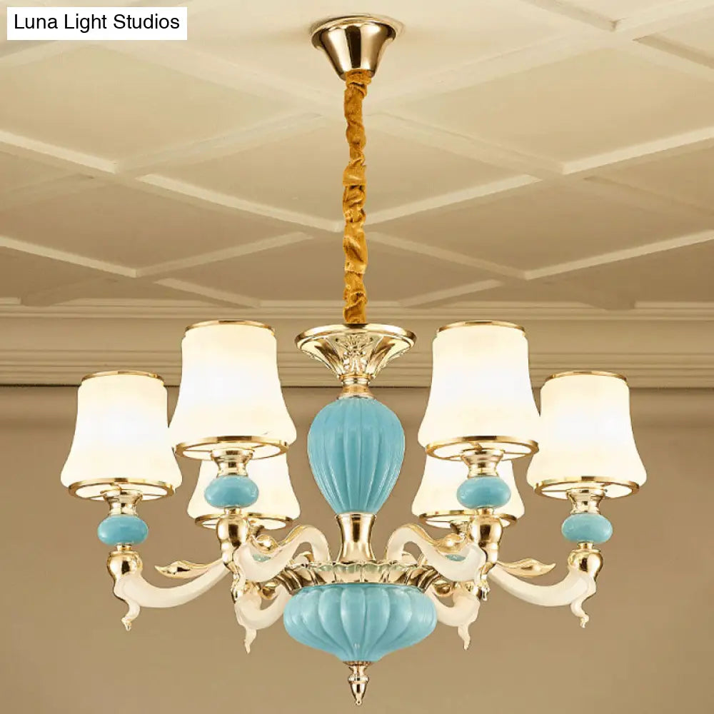 Contemporary Blue Ceramic Chandelier With Opal Glass Shade - Modern Lighting Fixture
