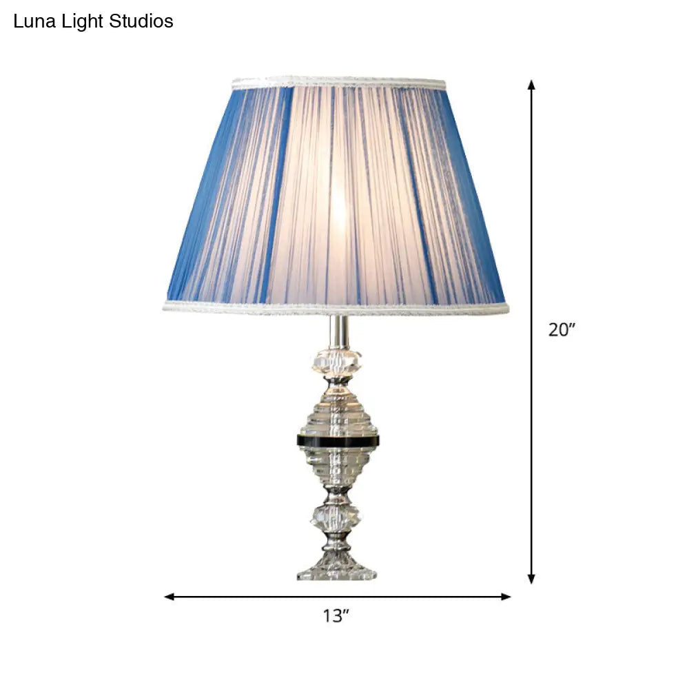 Contemporary Blue Nightstand Lamp With Clear K9 Crystal - Tapered Design 1 Bulb Ideal For Living