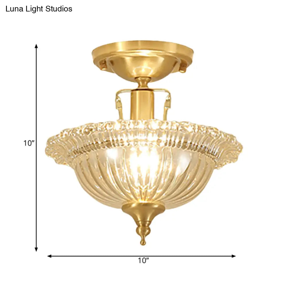 Contemporary Brass Ceiling Flush Mount With Flared Semi Ruffle Glass Shade - 1 Light