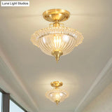 Contemporary Brass Ceiling Flush Mount With Flared Semi Ruffle Glass Shade - 1 Light