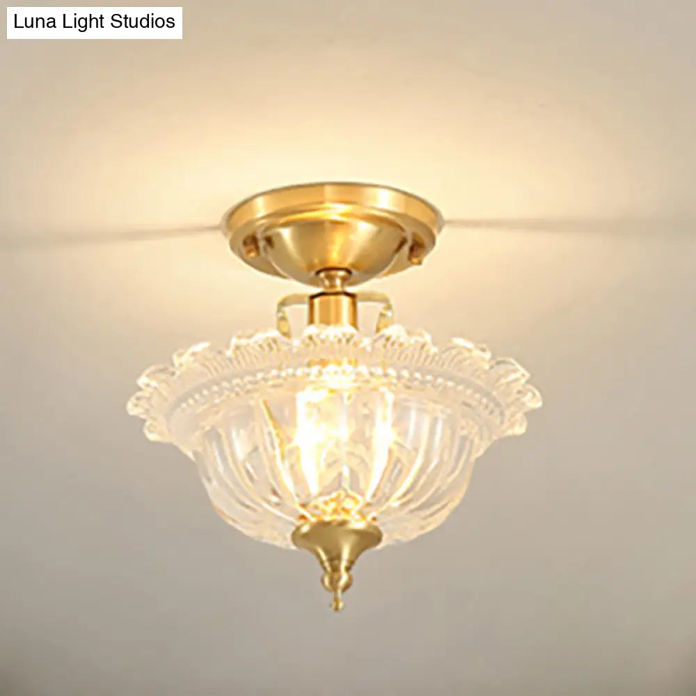 Contemporary Brass Ceiling Flush Mount With Flared Semi Ruffle Glass Shade - 1 Light