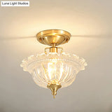 Contemporary Brass Ceiling Flush Mount With Flared Semi Ruffle Glass Shade - 1 Light