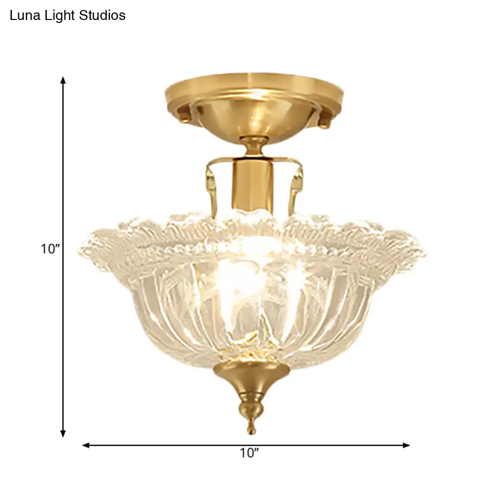 Contemporary Brass Ceiling Flush Mount With Flared Semi Ruffle Glass Shade - 1 Light