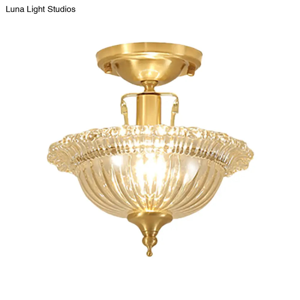 Contemporary Brass Ceiling Flush Mount With Flared Semi Ruffle Glass Shade - 1 Light