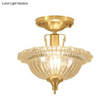 Contemporary Brass Ceiling Flush Mount With Flared Semi Ruffle Glass Shade - 1 Light