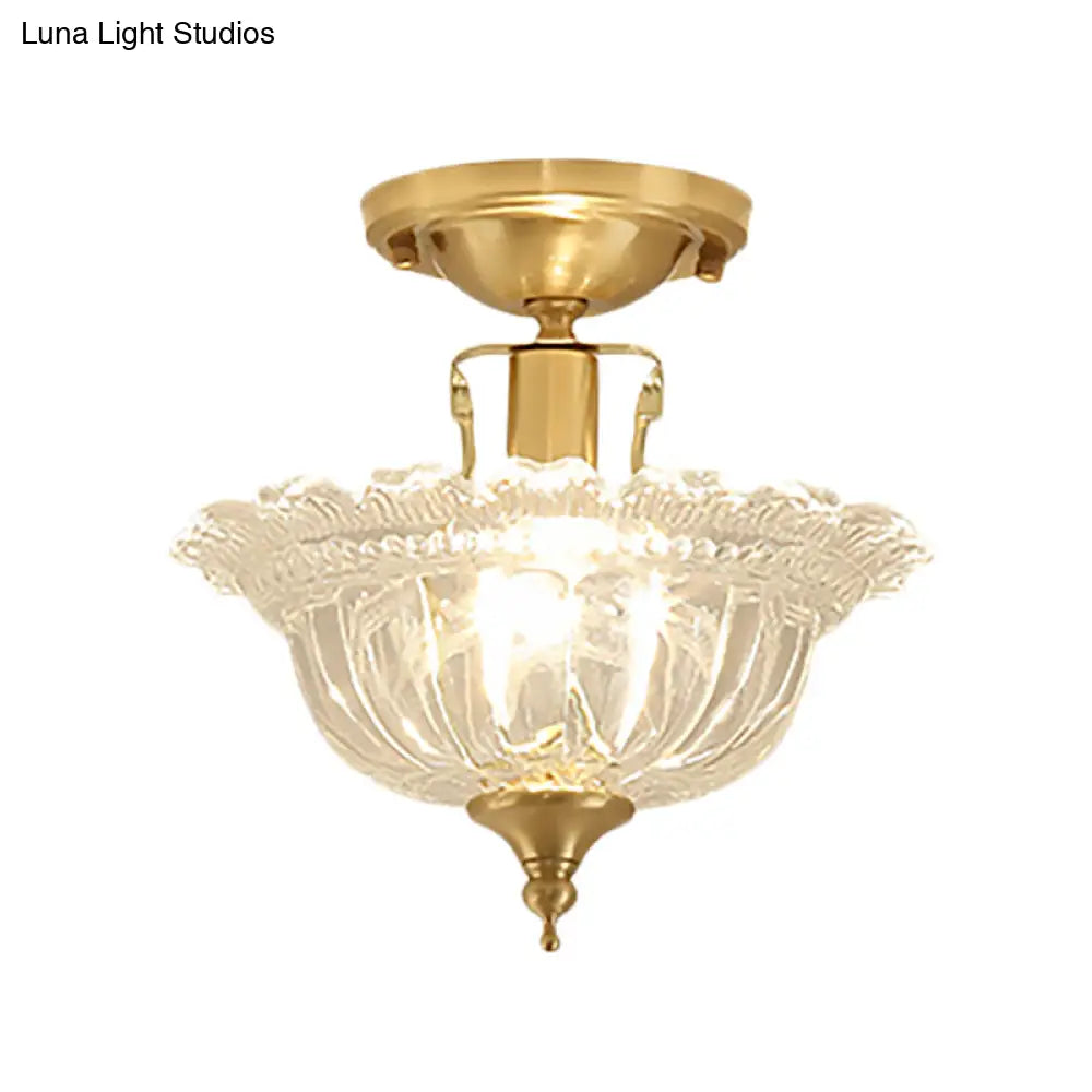 Contemporary Brass Ceiling Flush Mount With Flared Semi Ruffle Glass Shade - 1 Light