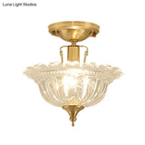 Contemporary Brass Ceiling Flush Mount With Flared Semi Ruffle Glass Shade - 1 Light