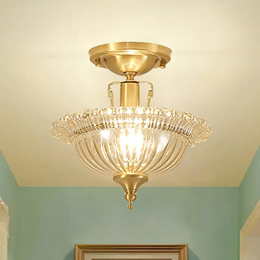 Contemporary Brass Ceiling Flush Mount With Flared Semi Ruffle Glass Shade - 1 Light / B