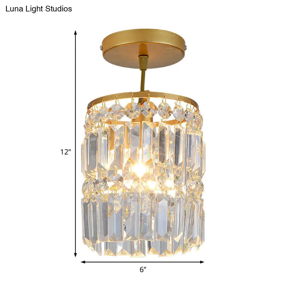 Contemporary Brass Ceiling Lamp With Crystal Cylinder Shade For Hallways