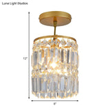 Contemporary Brass Ceiling Lamp With Crystal Cylinder Shade For Hallways