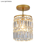 Contemporary Brass Ceiling Lamp With Crystal Cylinder Shade For Hallways