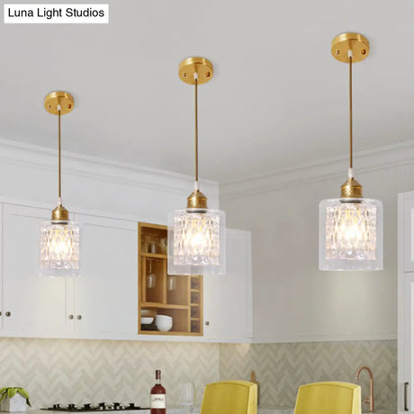 Contemporary Brass Cylinder Pendant Light With Double Clear Glass Shade