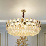 Contemporary Brass Drum Chandelier With Crystal Facets - 9-Light Hanging Pendant Ceiling Fixture